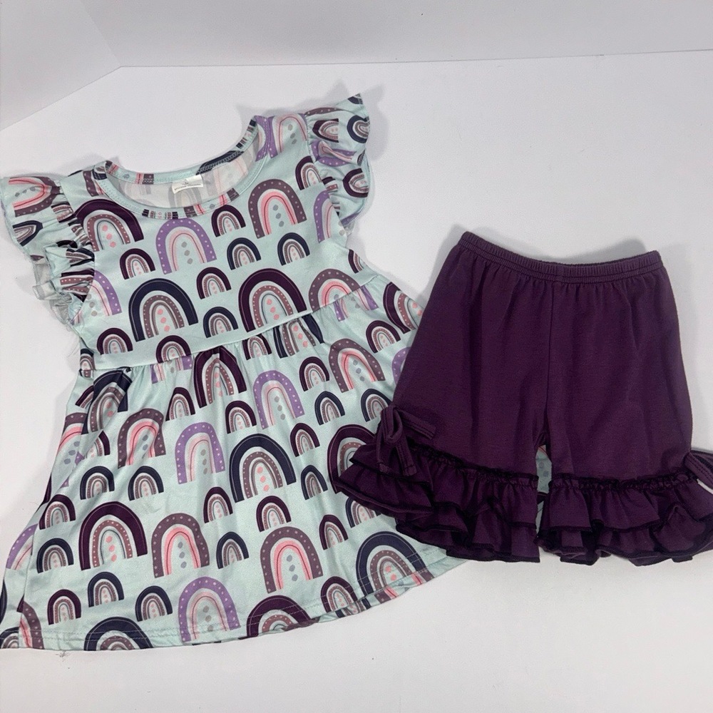 Girls Dress Shorts Set 3T Baby Blue Rainbow Print‎ Purple Ruffle Playful